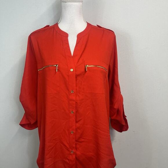 Calvin Klein Blouse Tunic size Large Cherry Red Gold Zippers Lagenlook Career - Picture 2 of 9